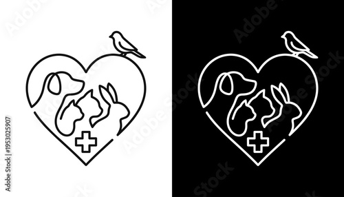 A heart outline encloses a dog, cat, and bird receiving medical care.