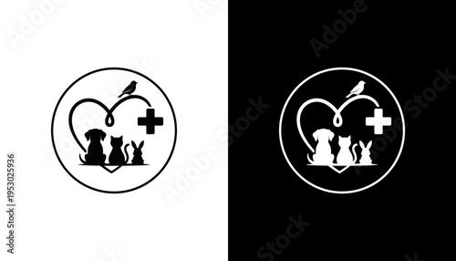 Veterinarians care animals with medical cross and heart symbol nearby indoors