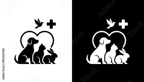 Animals gather around a heart symbol with a bird flying overhead