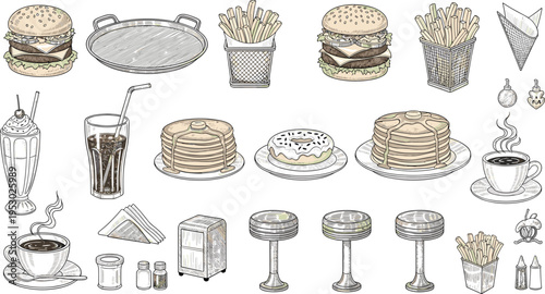 Vintage Diner Food Engraving Collection with Burgers, Fries, Pancakes, Coffee, and Milkshakes in Retro Hand Drawn Sketch Style for Menu DesignsVintage Diner 