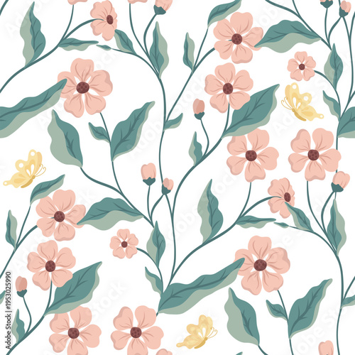 Seamless pink floral pattern with butterfly. Cute botanical design hand drawn flowers and green leaves.