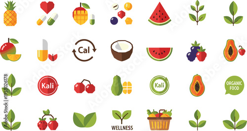Healthy Organic Food Icons Collection with Fruits, Leaves, Smoothies, and Nutrition Symbols for Wellness, Diet, and Natural Lifestyle DesignsHealthy Organic Food Icons Collection w