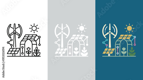 Renewable Energy Farm with Wind Turbine and Solar Panels in Stylized Illustration