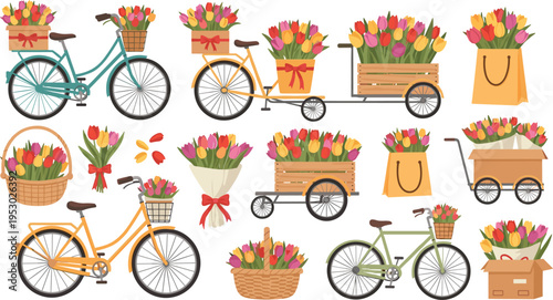 Bicycles with Flower Bouquets, Floral Baskets, Delivery Boxes, and Spring Arrangements for Romantic, Garden, and Lifestyle IllustrationsBicycles 