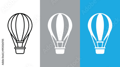 Hot Air Balloon Icon Set Isolated on White, Gray, and Blue Backgrounds