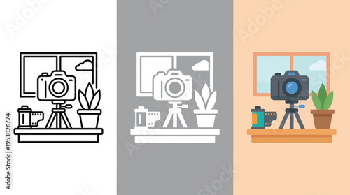 Camera on Tripod by Window with Plant and Film Rolls