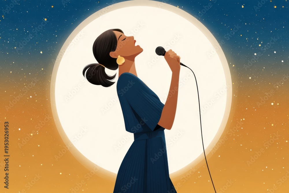 Fototapeta premium Woman singing into a microphone under moonlight, with a dramatic night sky and warm gradient backdrop