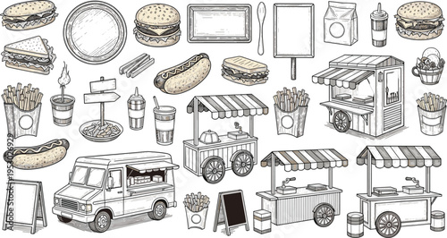Vintage Street Food Market Engraving Vector Set Featuring Food Trucks Stalls Burgers Fries Hot 