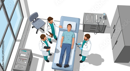 Doctors Examining Patient on Examination Table in Medical Room