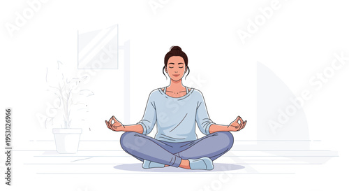 Woman Meditating in Lotus Pose, Practicing Mindfulness and Inner Peace at Home