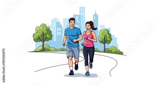 Couple jogging in city park with skyscrapers background, healthy lifestyle illustration