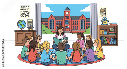 Teacher Reading Book to Diverse Children Circle in Classroom with School Exterior View