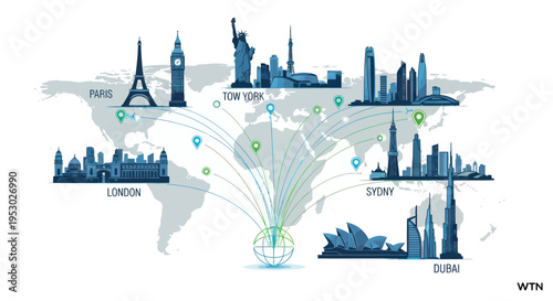 Global Travel Destinations: World Map with Famous City Skylines and Connections