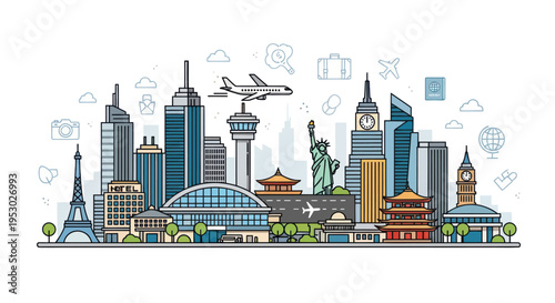 Modern City Skyline with Landmarks and Travel Icons