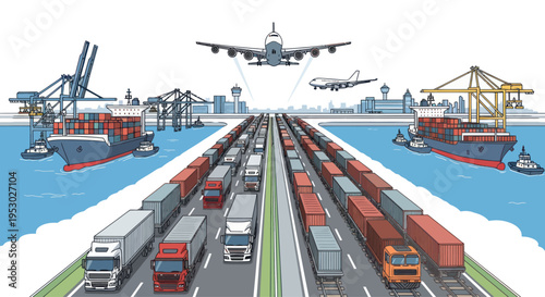 Global Logistics Hub: Trucks, Trains, Ships, and Airplanes at Port