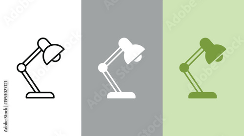 Desk Lamp Icon Set in Line Art, Silhouette, and Flat Design