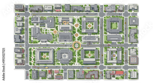 Aerial View of Urban City Block Planning with Buildings, Streets, and Green Spaces