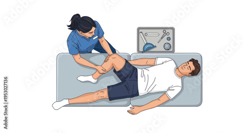 Physical therapist assisting patient with knee rehabilitation exercise on treatment table.