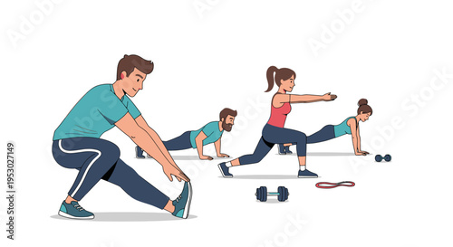 Diverse group of people exercising together, fitness class, healthy lifestyle, workout