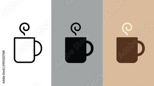 Coffee Cup Icons with Steam in White, Gray, and Brown Backgrounds