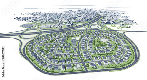 Aerial view of a modern suburban housing development connected to a city skyline via highway.