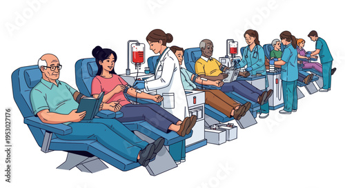 Diverse people donating blood at a clinic with nurses assisting