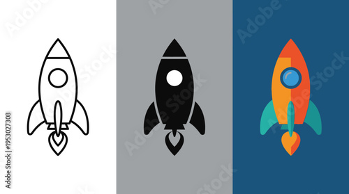 Rocket Ship Icons in Different Styles Outline, Silhouette, and Color