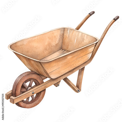 Watercolor painting of traditional wooden wheelbarrow with single wheel on transparent background