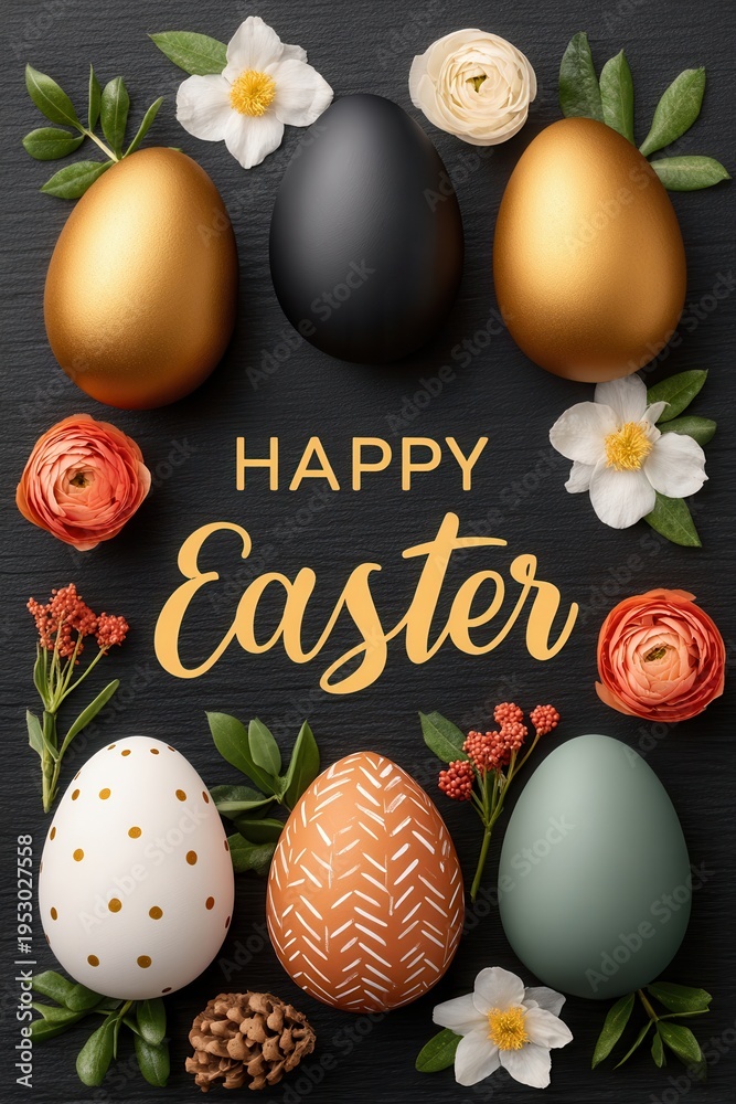 Naklejka premium Happy Easter banner with golden and black eggs, floral decorations and spring greeting