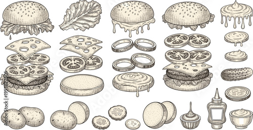 Vintage Engraving Fast Food Collection with Burgers, Sandwiches, Fries, and Snacks in Hand Drawn Retro Sketch Style for Menu and Packagi