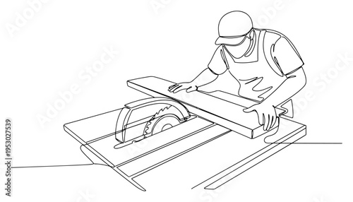 Continuous line drawing of carpenter using table saw to cut wooden plank in workshop