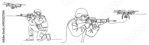 Minimalist one line drawing of military soldiers aiming rifles with drones flying overhead