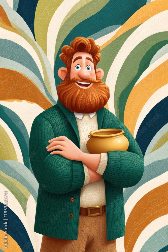 Fototapeta premium Smiling leprechaun holding a pot of gold against a colorful rainbow background