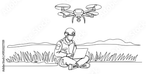 Continuous line drawing of a military operator sitting in grass and controlling a drone with a laptop