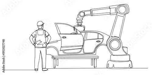 One line illustration of an industrial worker supervising a robotic arm assembly in a car factory
