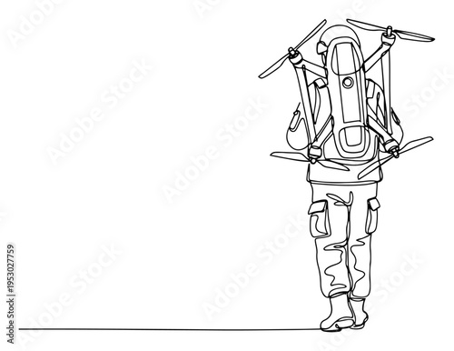 Single line art of a soldier carrying a large military drone on their back like a backpack