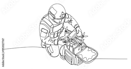 Continuous line drawing of a military soldier kneeling and preparing a drone from a tactical backpack