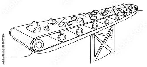 Single line drawing of an industrial conveyor belt transporting rocks and mineral ore