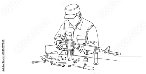 Soldier or gunsmith disassembling and cleaning an assault rifle at a workbench in line art style