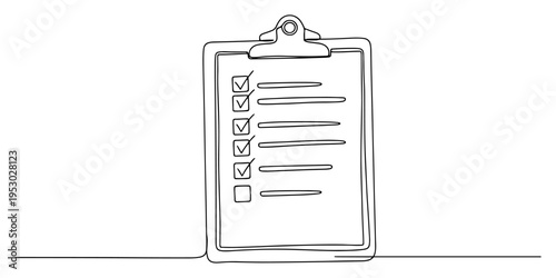 Clipboard with completed checklist in minimalist continuous line art style