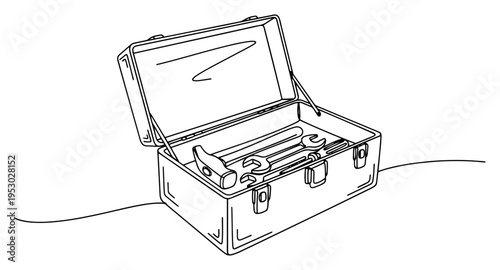 Open industrial toolbox with hand tools in continuous line art style
