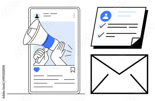 Canvas Print Mobile screen shows hands with a megaphone for promotions, checklist highlights tasks, and envelope symbolizes email