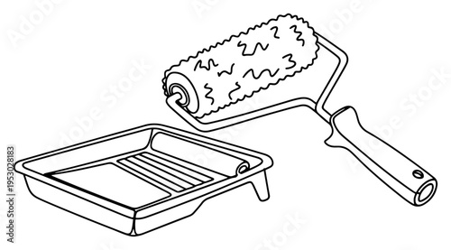 Continuous line art of a paint roller and plastic tray for interior renovation and wall painting