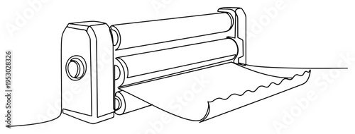 Industrial rolling mill machine processing sheet material in continuous line art style
