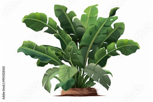 Banana plant growing with many vibrant green tropical leaves