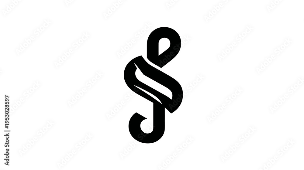 Obraz premium Black abstract symbol, elongated with curved lines and loops, centered against a white backdrop