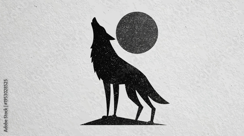 Silhouetted wolf howling at the moon against a textured gray background. Simple, minimalist design