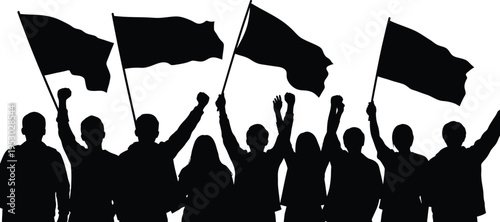 Silhouette of a group waving black flags in protest