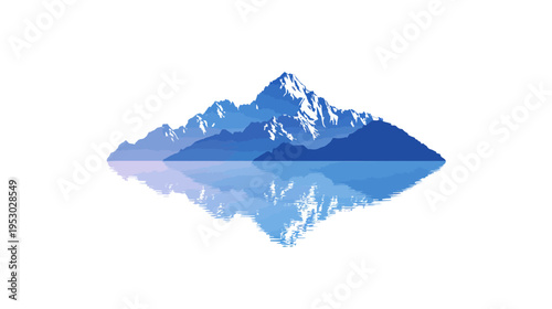 A mountainous landscape is reflected in a calm body of water with various shades of blue