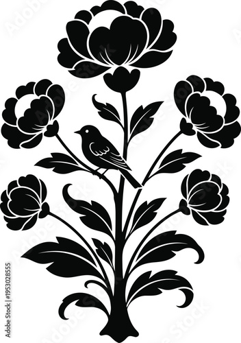 Silhouette of a bird on a flowering plant with four blooms